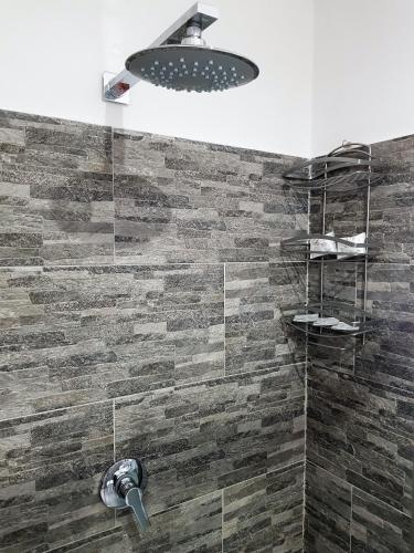 a bathroom with a shower with a stone wall at Guest House Il Faraone in Fiumicino