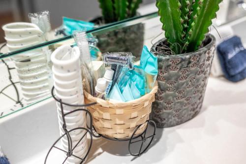 a basket of toothbrushes and toothpaste on a counter next to a mirror at The Clubhouse Hideaway - The Greenview Den in Chapel Hill