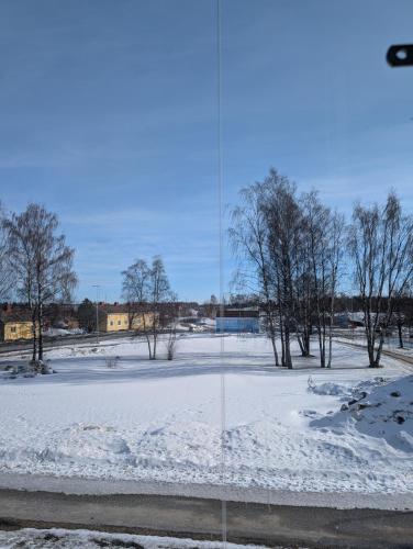 a snow covered field with trees in the distance at 40-Apartment in Kemi city center , balcony and free parking in Kemi