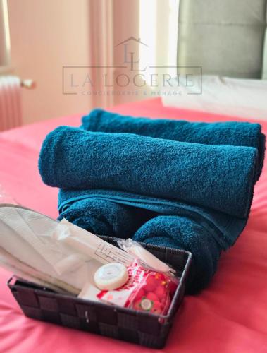 - un panier de serviettes assises au-dessus d'un lit dans l'établissement #Junior - Mulhouse centre ville, à Mulhouse
