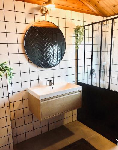 a bathroom with a sink and a mirror at Hip Huisje van Hout in Gramsbergen