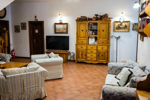 a living room with two couches and a television at Pensiunea Casa Motului in Arieşeni