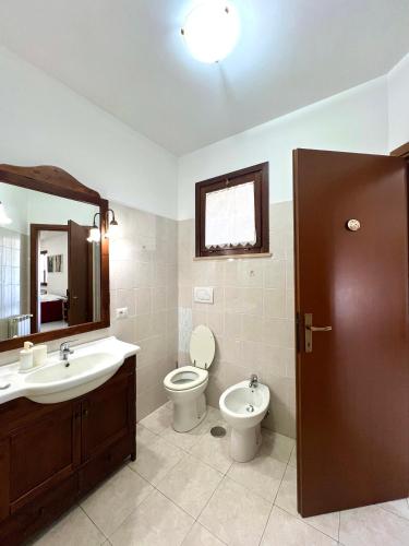 a bathroom with a sink and a toilet and a mirror at Appartamento tra il borgo e il lago in Anguillara Sabazia