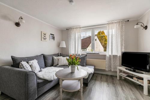 a living room with a couch and a tv and a table at Ferienhaus Nilsson in Heide
