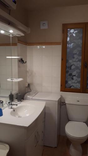 a bathroom with a white toilet and a sink at Le Mas des Vergers in Salon-de-Provence