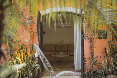 a hallway with a couch in a room with plants at Casa La Lilia - Villa María Hotel in San Bernardino