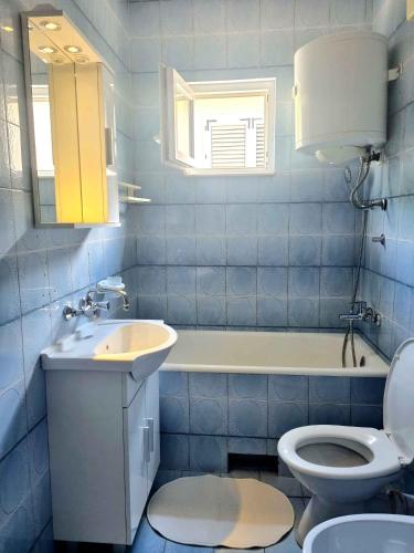 a blue bathroom with a sink and a toilet at Apartment Mimice 1 in Mimice