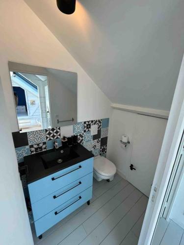 une salle de bain avec un lavabo et des toilettes dans l'établissement Restored loft in Trouville, à Trouville-sur-Mer