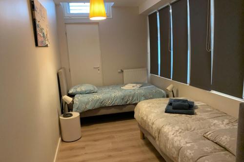une chambre avec deux lits et une fenêtre dans l'établissement Ô ma belle demeure - Parking Privé, à Aix-les-Bains