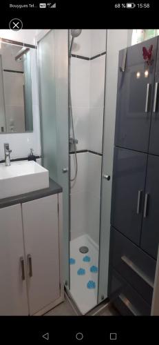 une salle de bain avec douche et lavabo dans l'établissement Vacation home Ardèche-Piscine Copropriété, à Saint-Martin-dʼArdèche
