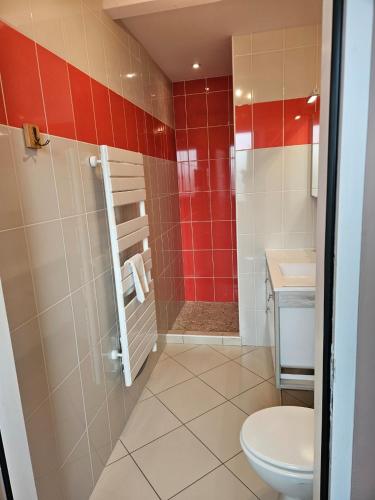 a bathroom with a toilet and a shower at Les chambres du grès in Ambres