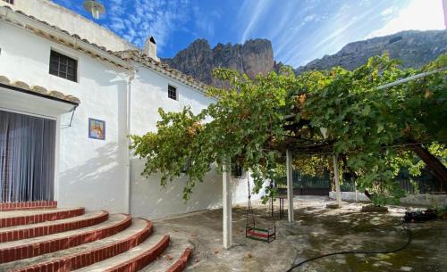 a building with stairs and trees with mountains in the background at Cortijo el Chorreadero en Parque Natural Sierra de Cazorla in Los Rosales