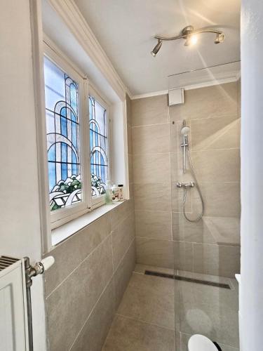 a bathroom with a shower and a window at Résidence Marianne in Brussels