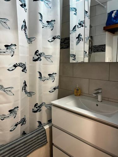 une salle de bain avec un lavabo et un rideau de douche dans l'établissement Hyères Port studio HYERES PARK, à Hyères