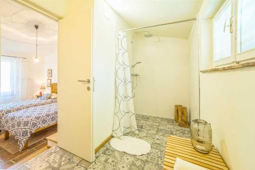 a bedroom with a bed and a walk in shower at Casa Peronospora by Kompas Villas in Čepljani