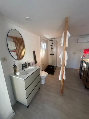 un bagno con lavandino, WC e specchio di Casa aroeira a Aroeira