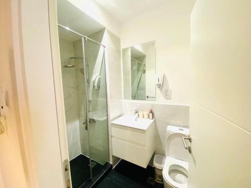 a bathroom with a toilet and a sink and a shower at KS Unique Studio Apartment in Accra