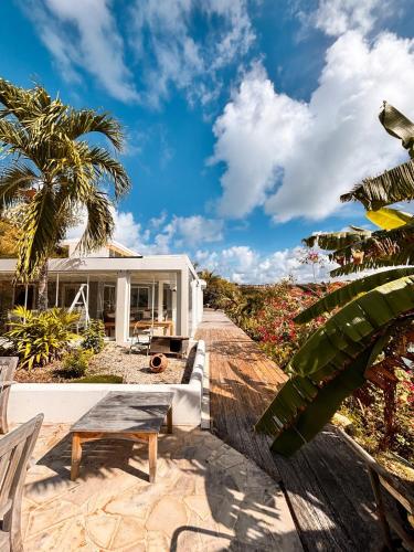 una casa en la playa con una palmera en Villa C'est la vue, 2 bedrooms pool and jacuzzi, en Les Terres Basses
