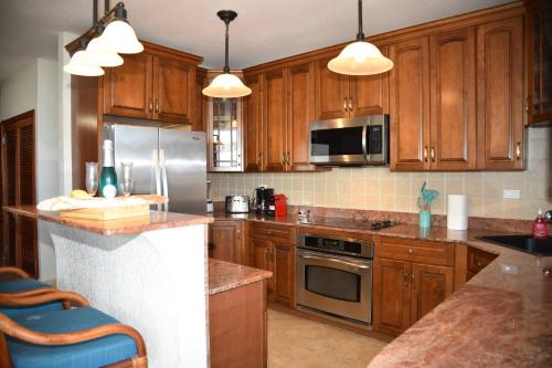 a kitchen with wooden cabinets and stainless steel appliances at Oceanfront Paradise: Penthouse with Peloton in Lowlands