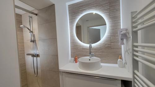 a bathroom with a sink and a mirror at Le PRESTIGE du SANCTUAIRE in Lourdes