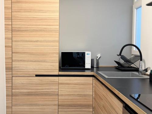 a microwave sitting on top of a kitchen counter at Cozy Apartment with Acropolis View Rooftop Access in Athens