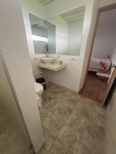 a bathroom with a toilet and a sink and a mirror at Hotel Casa Cuenca in Garzón