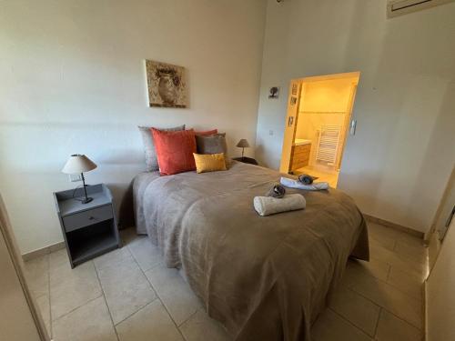 ein Schlafzimmer mit zwei Betten und einer Lampe und einem Spiegel in der Unterkunft Comfort studio, fully equipped! in Saint-Paul-de-Vence