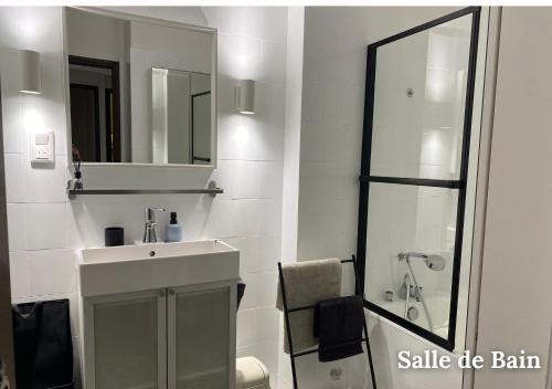 ein weißes Badezimmer mit Waschbecken und Spiegel in der Unterkunft Maison Le Balcon du Lac in Les Salles-sur-Verdon