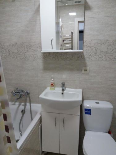 a bathroom with a sink and a toilet and a bath tub at Квартира студія в центрі міста Філармонія in Khmelʼnytsʼkyy
