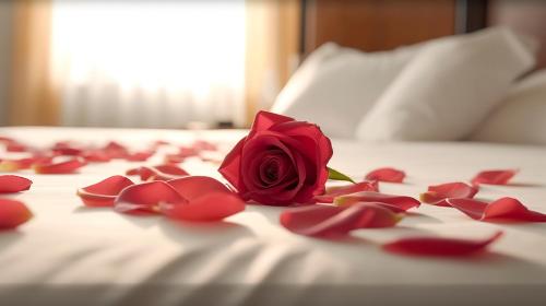 a red rose on a bed with petals on it at PUERTO MARINA ASILAH in Asilah