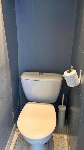 La salle de bains est pourvue de toilettes blanches dans une pièce bleue. dans l'établissement Nid Bleu - Central - Wifi - Équipé, à Dax