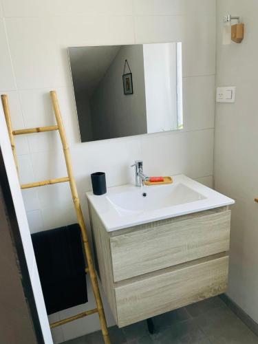 une salle de bain avec un lavabo et un miroir dans l'établissement L'Ostalet, à Saint-Marcel-dʼArdèche