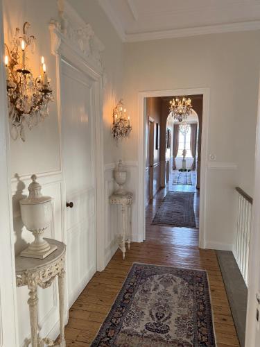 a hallway of a home with a rug and a chandelier at La Source du Logis in Jonzac