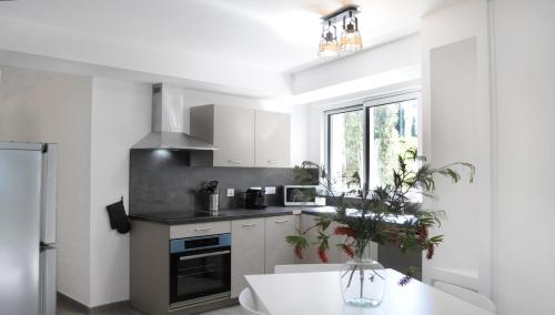 une cuisine avec des armoires blanches et une table avec une plante dans l'établissement Appartement neuf, en centre ville, terrasse et plages 5mn à pieds!, à Cavalaire-sur-Mer