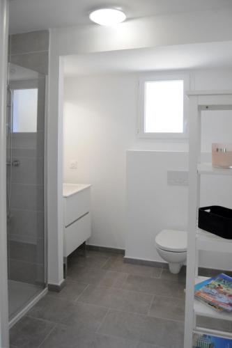 une salle de bain avec toilettes, lavabo et douche dans l'établissement Appartement neuf, en centre ville, terrasse et plages 5mn à pieds!, à Cavalaire-sur-Mer