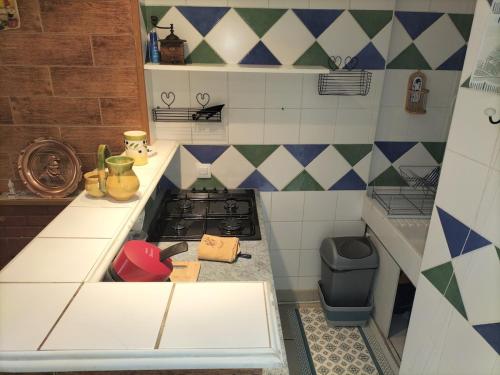 une cuisine avec une cuisinière et un comptoir dans l'établissement Charmante Maison de village en montagne avec jardin, à Sahorre