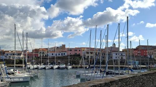 a group of boats docked in a harbor with buildings at Bed and Breakfast La Reale in Stintino