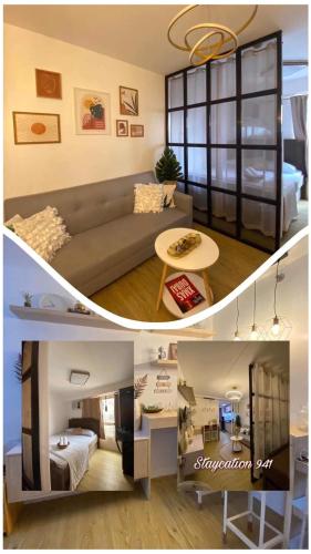a collage of two pictures of a living room at Staycation 941 in Manila