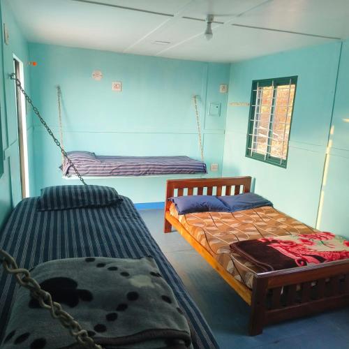 two beds in a room with blue walls at Wild woods in Vālpārai