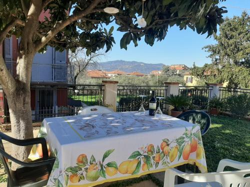 a table with a bottle of wine on top at Casa vacanze il sorriso di Eva in Santo Stefano di Magra