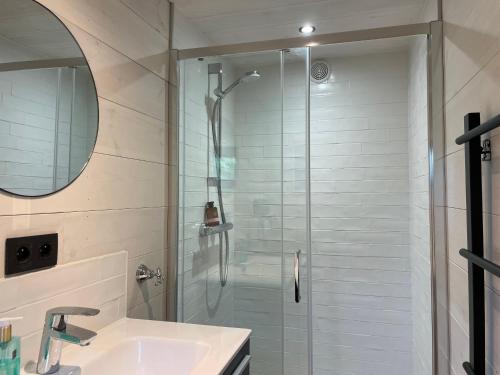 a bathroom with a shower and a sink at Time-Out Cabin in Zottegem