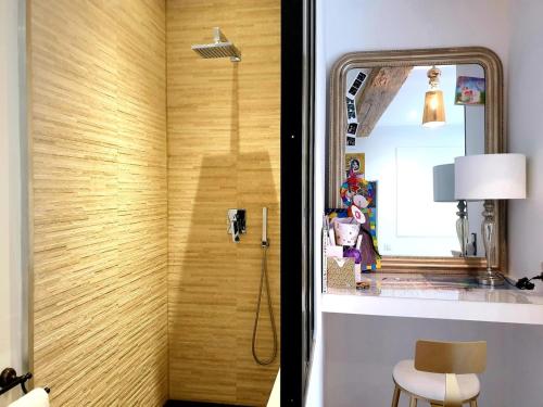 La salle de bains est pourvue d'une douche avec un miroir et un tabouret. dans l'établissement Joli duplex au cœur de Saint Pierre, à Bordeaux