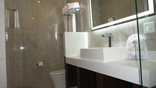 a bathroom with a white sink and a shower at Hotel Loreto Palmar in Loreto