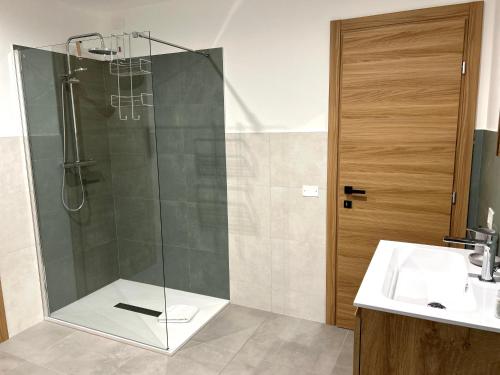 a bathroom with a glass shower with a sink at Cimus Home in SantʼAntonio Tortal