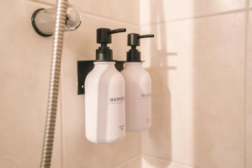 Deux bouteilles de savon sont suspendues sur un mur de la salle de bains. dans l'établissement Au pied des remparts- Maison de caractère-3 Ch-AC, à Carcassonne