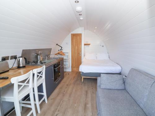 a small room with a kitchen and a bed at Owls Nook in Bude