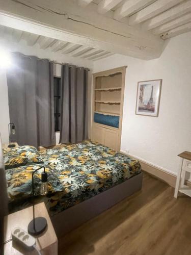 une chambre avec un lit avec un couvre-lit fleuri dans l'établissement L'écrin de Paray, sleeps 6, à Paray-le-Monial
