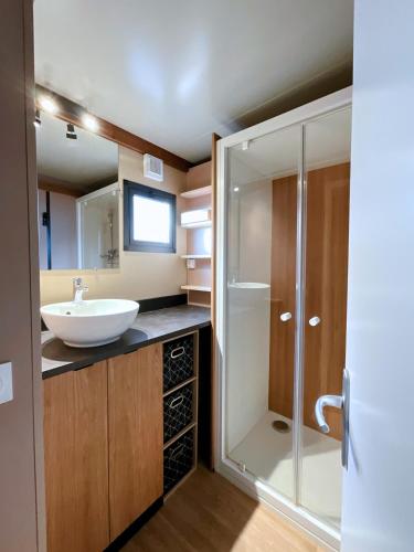 une salle de bain avec un lavabo et une douche en verre dans l'établissement Le Ti Bois, Chalet tout équipé vue forêt, 5 prs, à La Teste-de-Buch