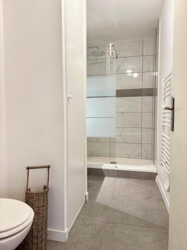 une salle de bain blanche avec douche et toilettes dans l'établissement Le Bacquin 21, à Dijon