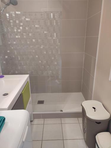 une salle de bain blanche avec douche et toilettes dans l'établissement la détente, à Berck-sur-Mer